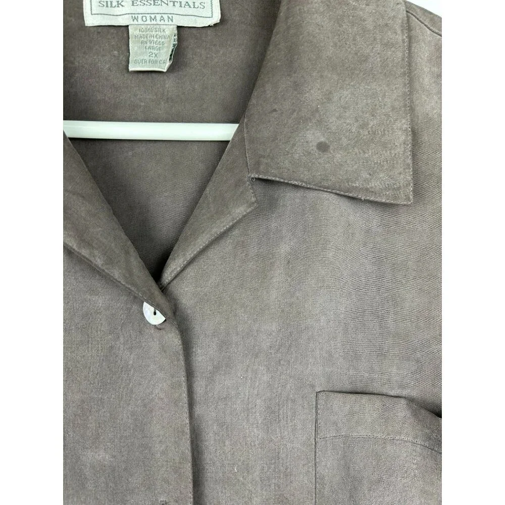 Silk Essentials Womens 2X Gray 100% Silk Button-Up Shirt With Pocket & Long Slee - Picture 3 of 11